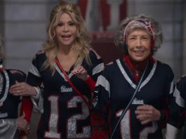 Sally Field, Jane Fonda, Lily Tomlinson and Rita Moreno walking into a football stadium in 80 for Brady.