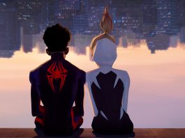 Miles Morales and Gwen sitting side by side on a dock looking out over an upside down New York.