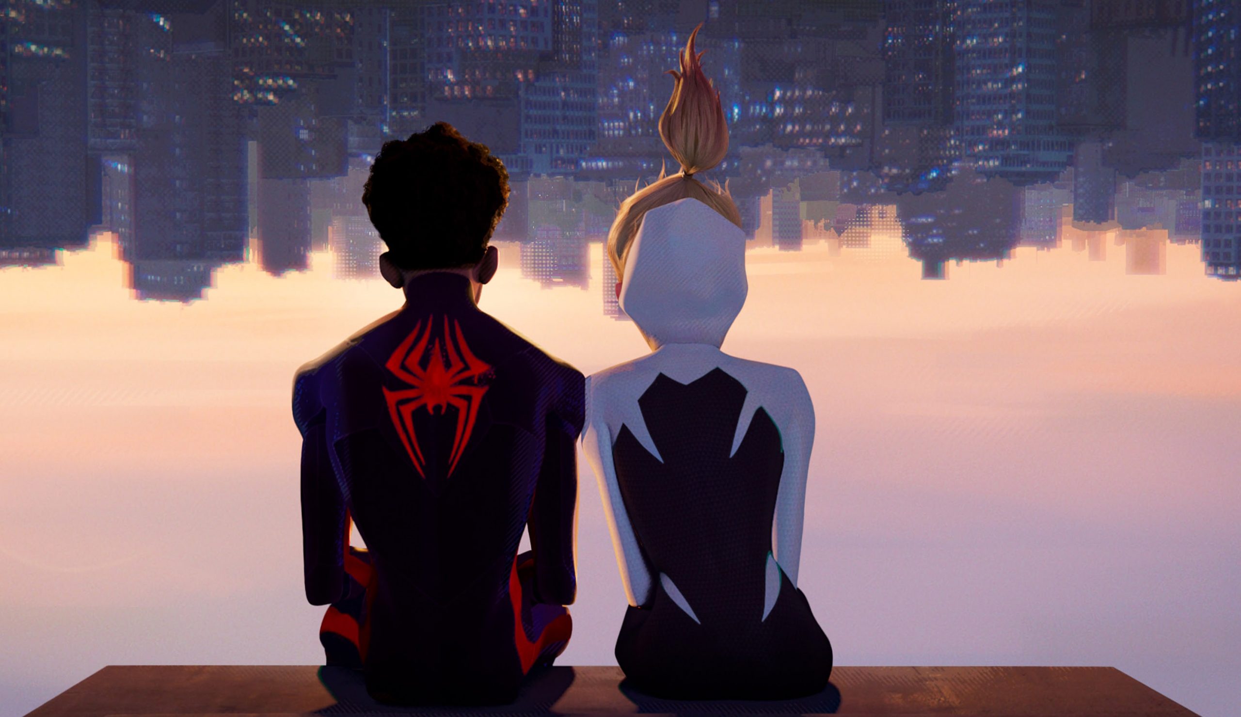 Miles Morales and Gwen sitting side by side on a dock looking out over an upside down New York.