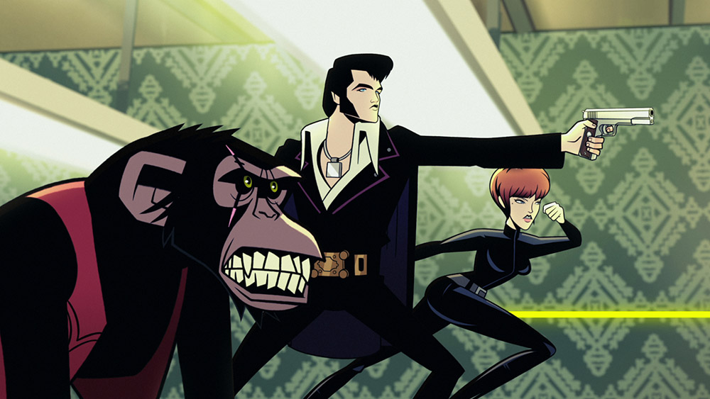 An animated depiction of an angry money, Elvis and a woman in a catsuit