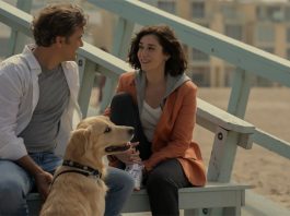 Man and woman sat on stairs at a beach in conversation with a dog sat in front of them.