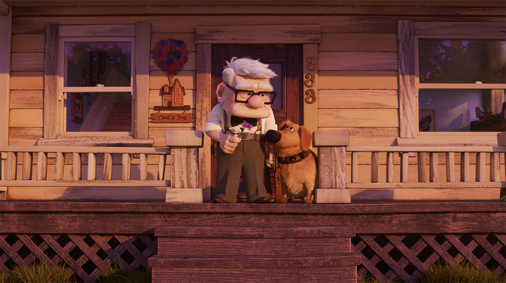 Animation old man and dog standing outside on a porch