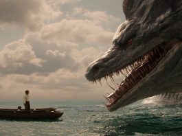 Massive sea monster looking down on a rowning boat with a man standing in it - One Piece