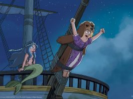 Disenchantment - Cartoon of a girl hanging off a mast of a ship with a mermaid sitting on the railing behind her.