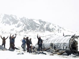A group of people outside on a snowy mountain beside a crash plane - Society of the Snow