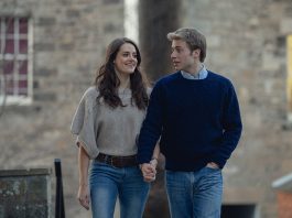 Young couple walking hand in hand (William and Kate) The Crown season 6