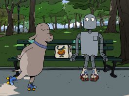 Animated dog on roller skates and a robot sitting on a park bench - Robot Dreams